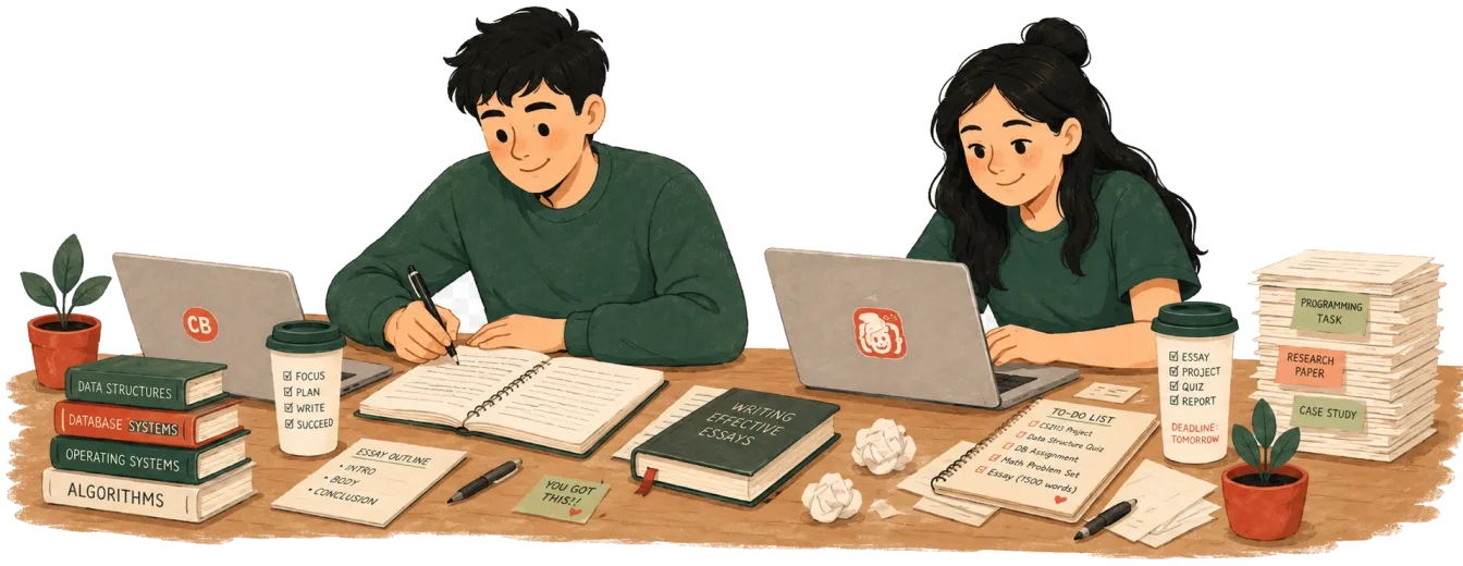 Two CodedByHumans graduates writing essays and code by hand at their desks